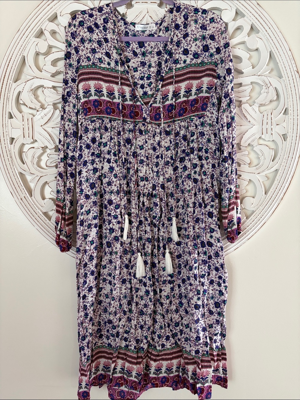 BOHO Rayon Folk Floral Tassel Midi Dress